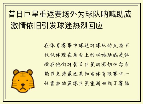 昔日巨星重返赛场外为球队呐喊助威 激情依旧引发球迷热烈回应
