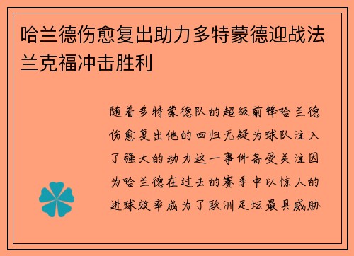 哈兰德伤愈复出助力多特蒙德迎战法兰克福冲击胜利