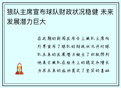 狼队主席宣布球队财政状况稳健 未来发展潜力巨大