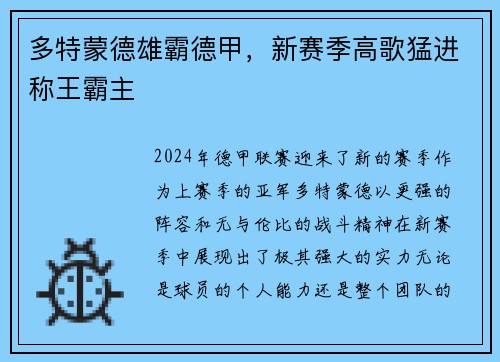 多特蒙德雄霸德甲，新赛季高歌猛进称王霸主