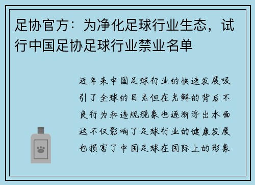足协官方：为净化足球行业生态，试行中国足协足球行业禁业名单