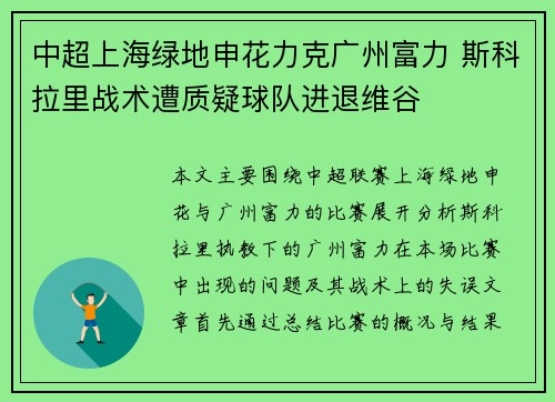 中超上海绿地申花力克广州富力 斯科拉里战术遭质疑球队进退维谷