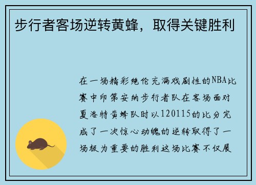 步行者客场逆转黄蜂，取得关键胜利