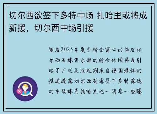 切尔西欲签下多特中场 扎哈里或将成新援，切尔西中场引援