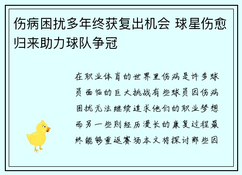 伤病困扰多年终获复出机会 球星伤愈归来助力球队争冠