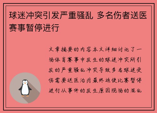 球迷冲突引发严重骚乱 多名伤者送医赛事暂停进行